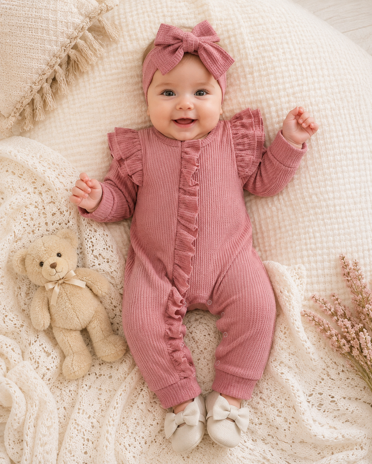 Baby Girl Waffle Knit Ruffle Romper with Matching Bow Headband Hippo Boutique