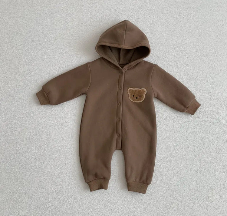 Teddy Hooded Romper Zip Up Bodysuit Hippo Boutique