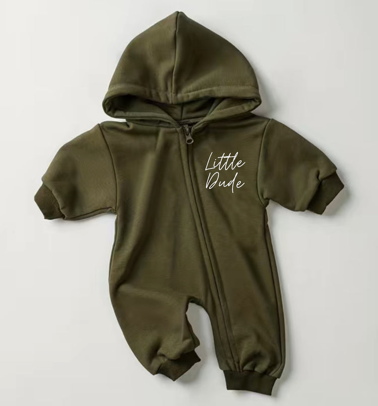 Little Dude Baby Hooded Sweatshirt zip up Jumpsuit Romper Hippo Boutique