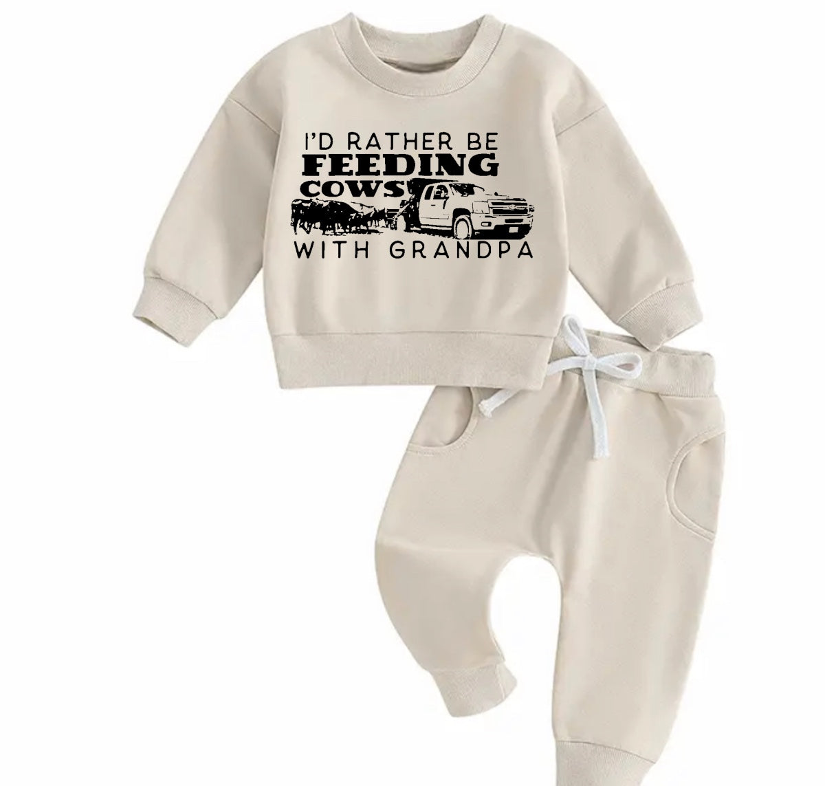 Feeding cows with grandpa Baby Outfit set sweatshirt and pants Hippo Boutique