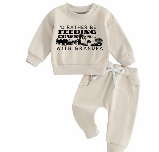 Feeding cows with grandpa Baby Outfit set sweatshirt and pants Hippo Boutique