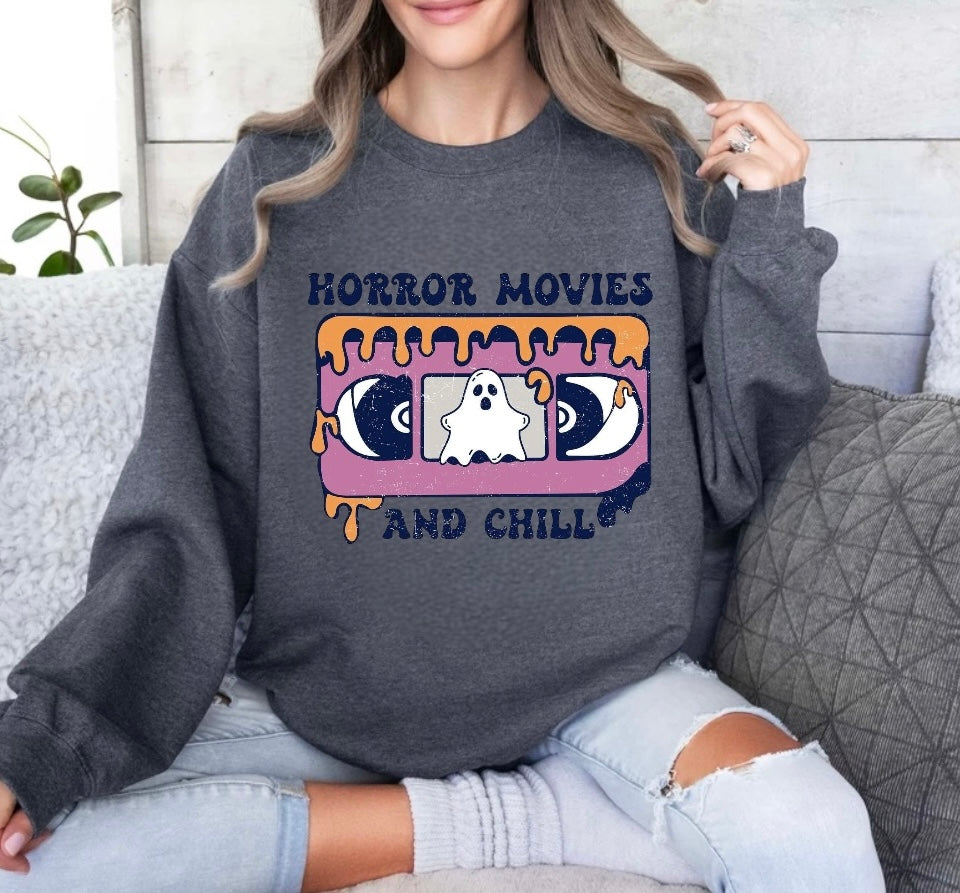Halloween Horror Movies and Chill Women’s fleece crewneck Sweatshirts Hippo Boutique