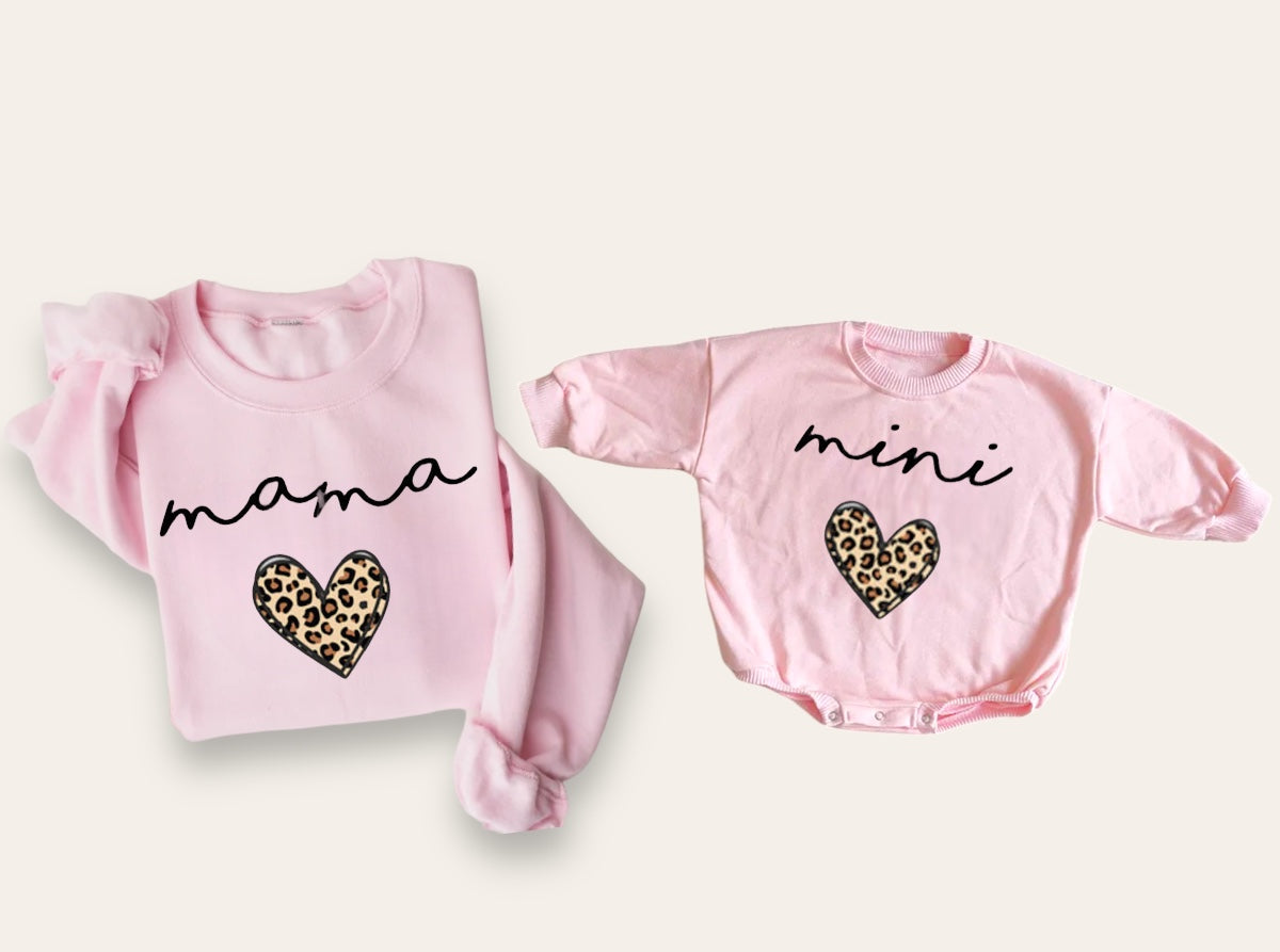 Leopard Heart Mama & Mini matching Baby Sweatshirt Romper bodysuit & Crewneck Hippo Boutique