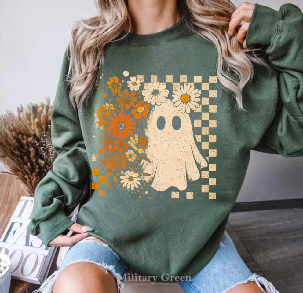 Women’s Halloween Sweatshirts & Hoodies - Checkered Floral Ghost Hippo Boutique