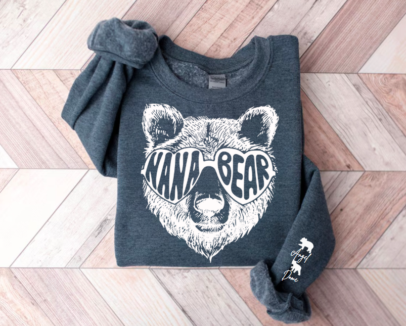 Custom Nana Bear Sweatshirt with children’s name on sleeve Hippo Boutique
