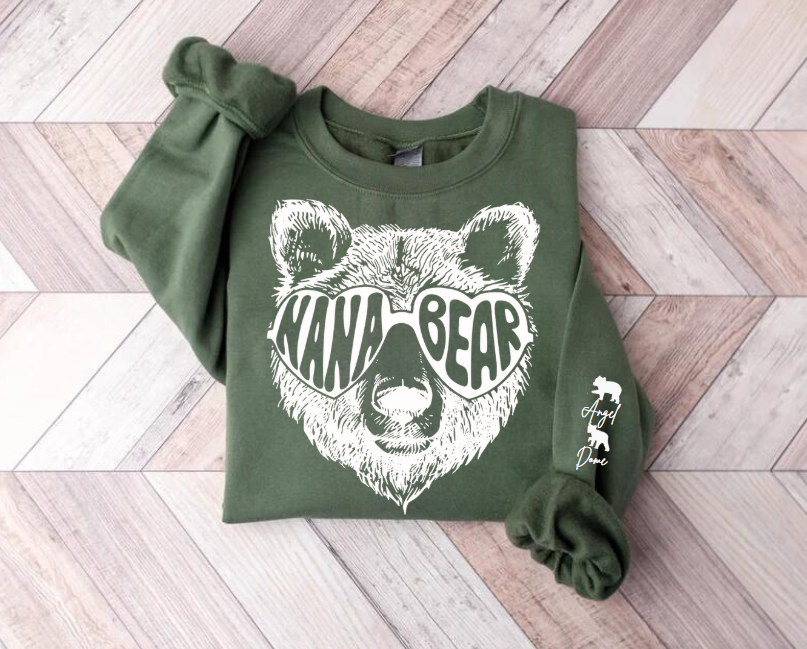 Custom Nana Bear Sweatshirt with children’s name on sleeve Hippo Boutique
