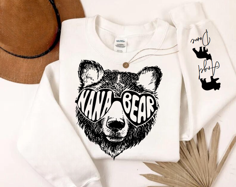 Custom Nana Bear Sweatshirt with children’s name on sleeve Hippo Boutique