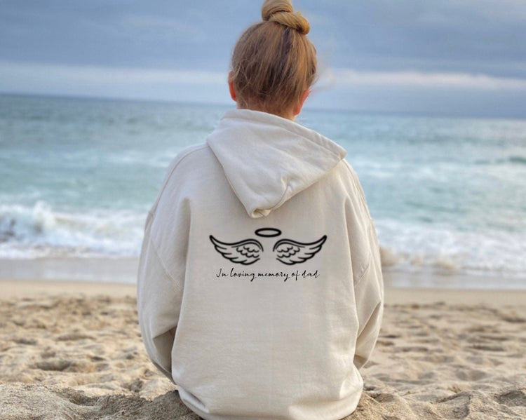 In loving memory memorial hoodie with name date and quote on sleeve and back Hippo Boutique