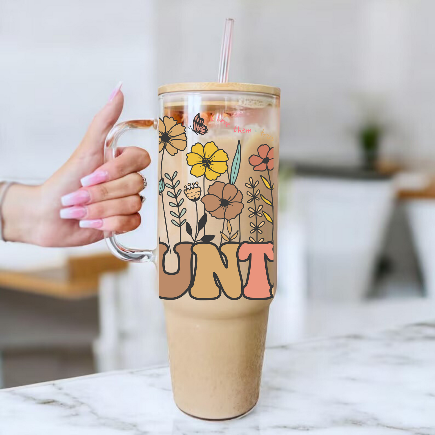 Floral Auntie Glass Tumbler Cups Hippo Boutique