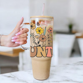 Floral Auntie Glass Tumbler Cups Hippo Boutique