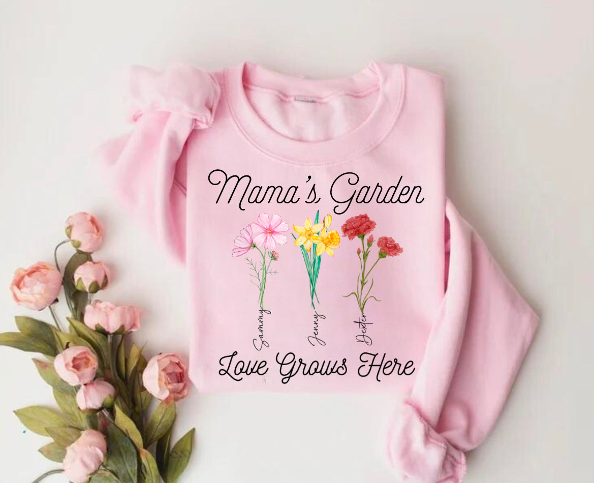 Custom Grandmas Garden Sweatshirt with kids names and birth flowers Hippo Boutique