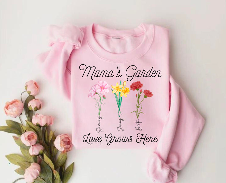 Custom Grandmas Garden Sweatshirt with kids names and birth flowers Hippo Boutique