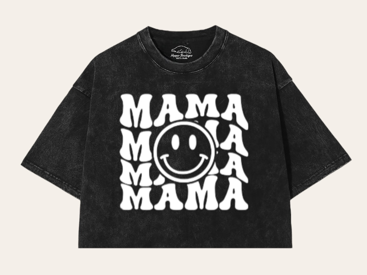 Retro Mama Smile Acid Washed 100% Cotton Oversized Cropped T-Shirts Hippo Boutique