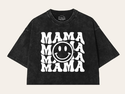 Retro Mama Smile Acid Washed 100% Cotton Oversized Cropped T-Shirts Hippo Boutique