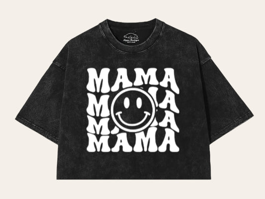 Retro Mama Smile Acid Washed 100% Cotton Oversized Cropped T-Shirts Hippo Boutique