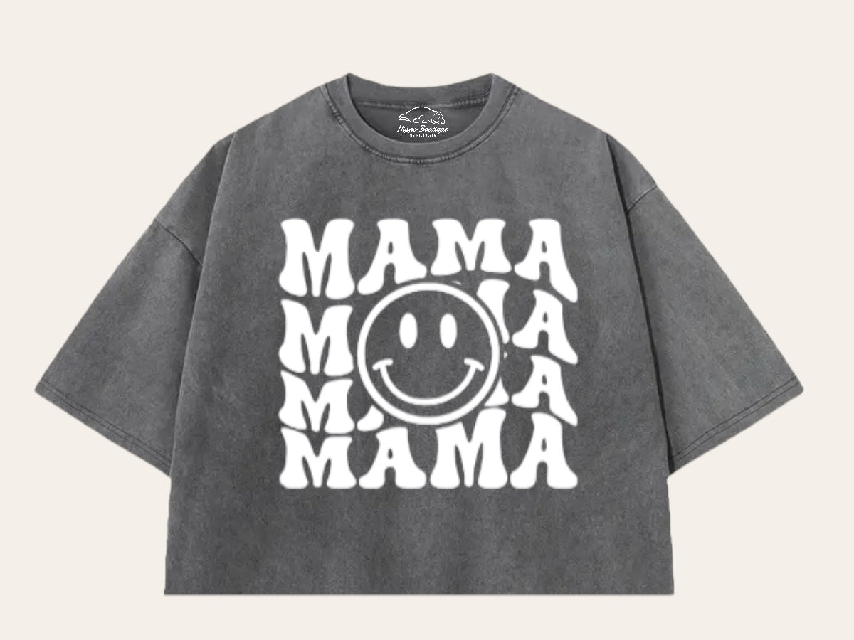 Retro Mama Smile Acid Washed 100% Cotton Oversized Cropped T-Shirts Hippo Boutique