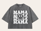 Retro Mama Smile Acid Washed 100% Cotton Oversized Cropped T-Shirts Hippo Boutique