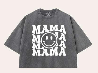 Retro Mama Smile Acid Washed 100% Cotton Oversized Cropped T-Shirts Hippo Boutique
