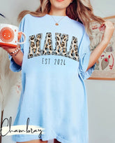 Leopard Print Mama with EST Date Women’s T-Shirt Hippo Boutique