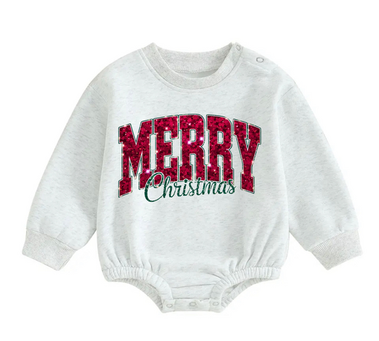 Merry Christmas fleece Baby Oversized christmas Sweatshirt Romper Hippo Boutique