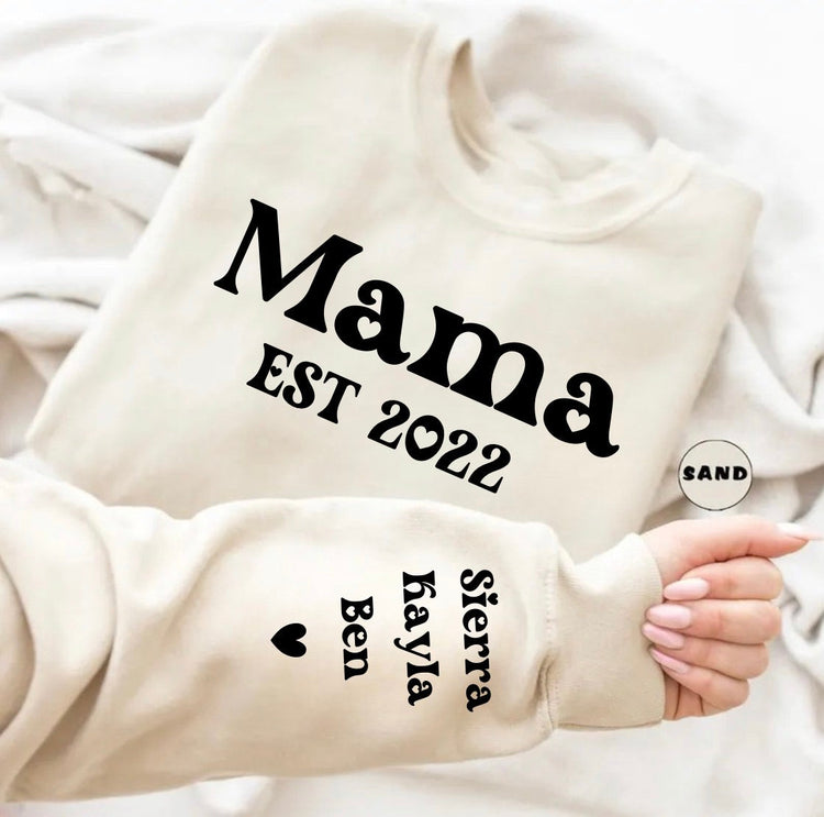 Custom Mama Sweatshirt with children’s name on sleeve Hippo Boutique