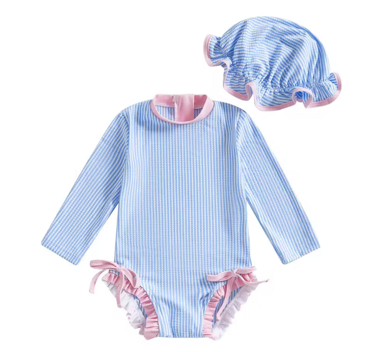 Newborn Baby & Toddler striped Zip Up Swimsuit with hat and bows Hippo Boutique