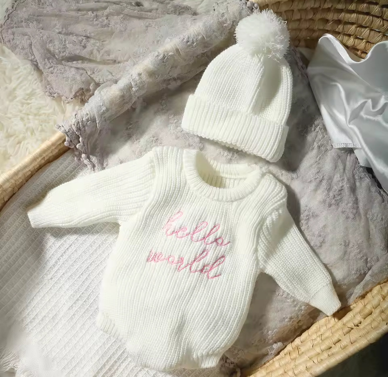 Newborn Baby Knit Bodysuit with Knitted Hat Hippo Boutique