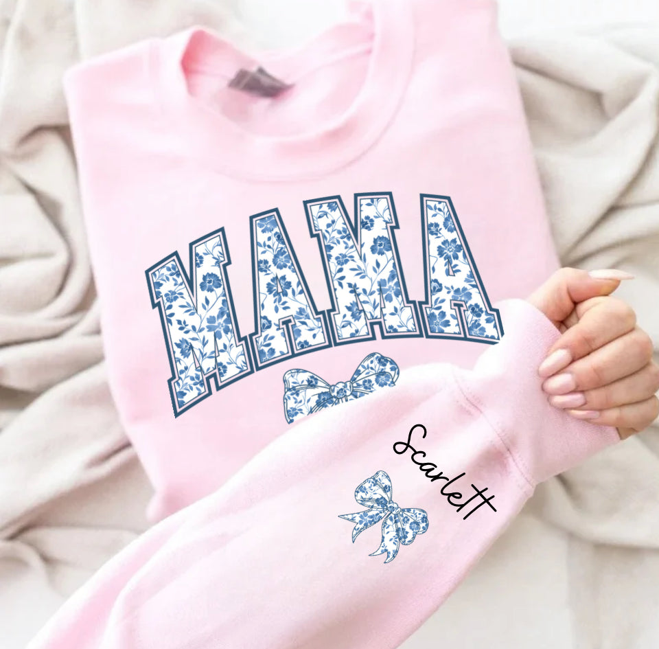 Custom Mama Floral Sweatshirt with children’s name on sleeve Hippo Boutique