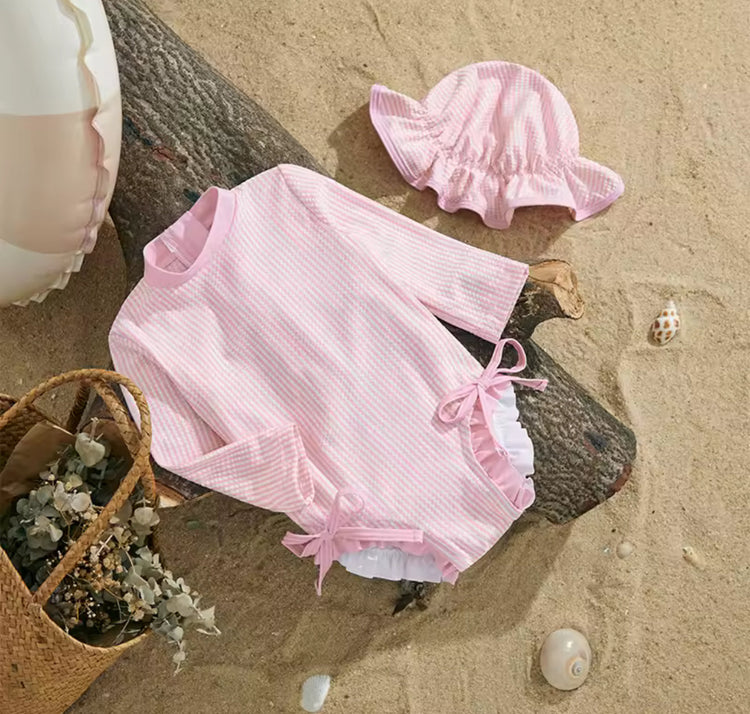 Newborn Baby & Toddler striped Zip Up Swimsuit with hat and bows Hippo Boutique