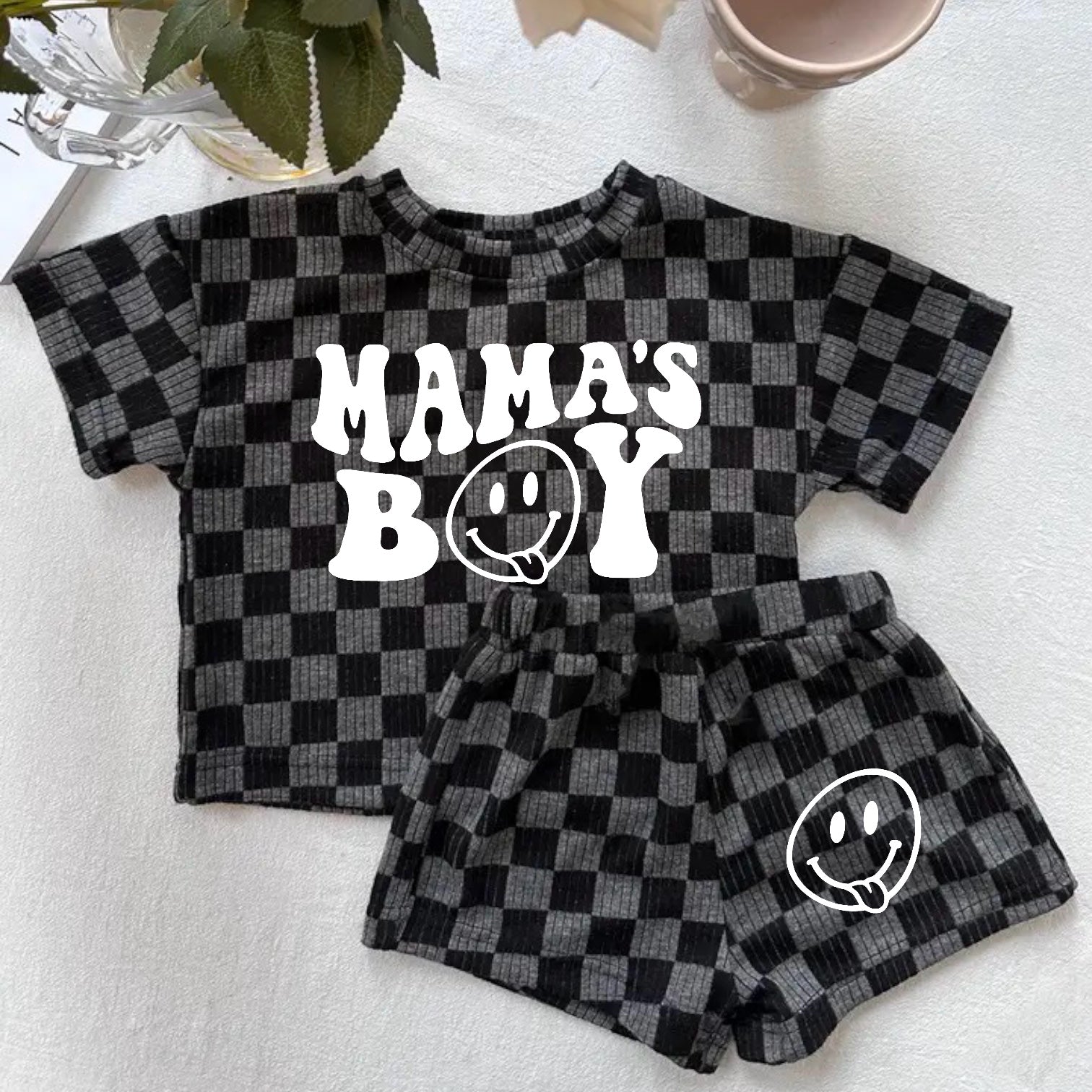 Mama’s Boy Baby & toddler checkered shorts and t-shirt outfit Hippo Boutique