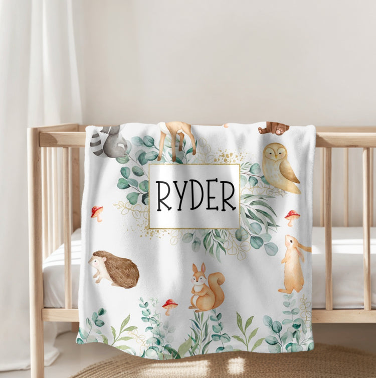 Forest Animals Baby Name Blanket Custom Hippo Boutique