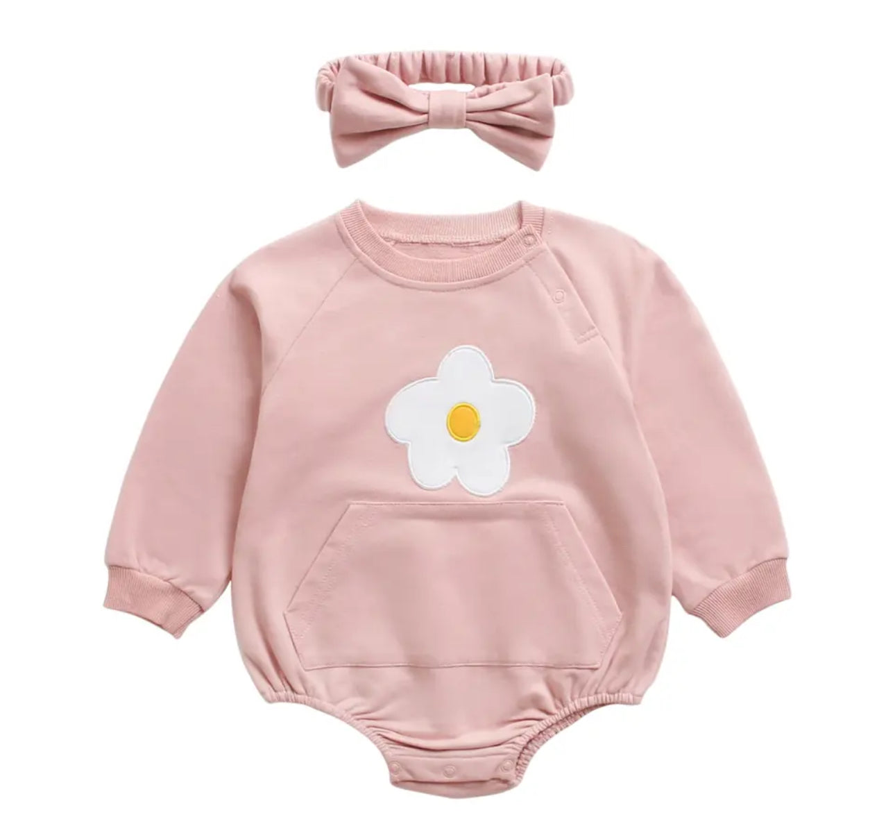 Baby girl floral sweatshirt romper with embroidered daisy and matching bow headband 