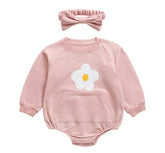 Baby girl floral sweatshirt romper with embroidered daisy and matching bow headband 