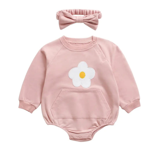 Baby girl floral sweatshirt romper with embroidered daisy and matching bow headband 