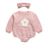 Baby girl floral sweatshirt romper with embroidered daisy and matching bow headband 
