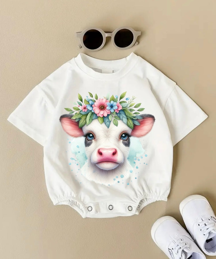 Floral Highland Cow Baby t-shirt Bubble Romper Hippo Boutique