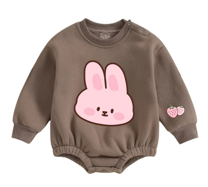 Soft warm fleece oversized Romper - Bunny Strawberry Hippo Boutique