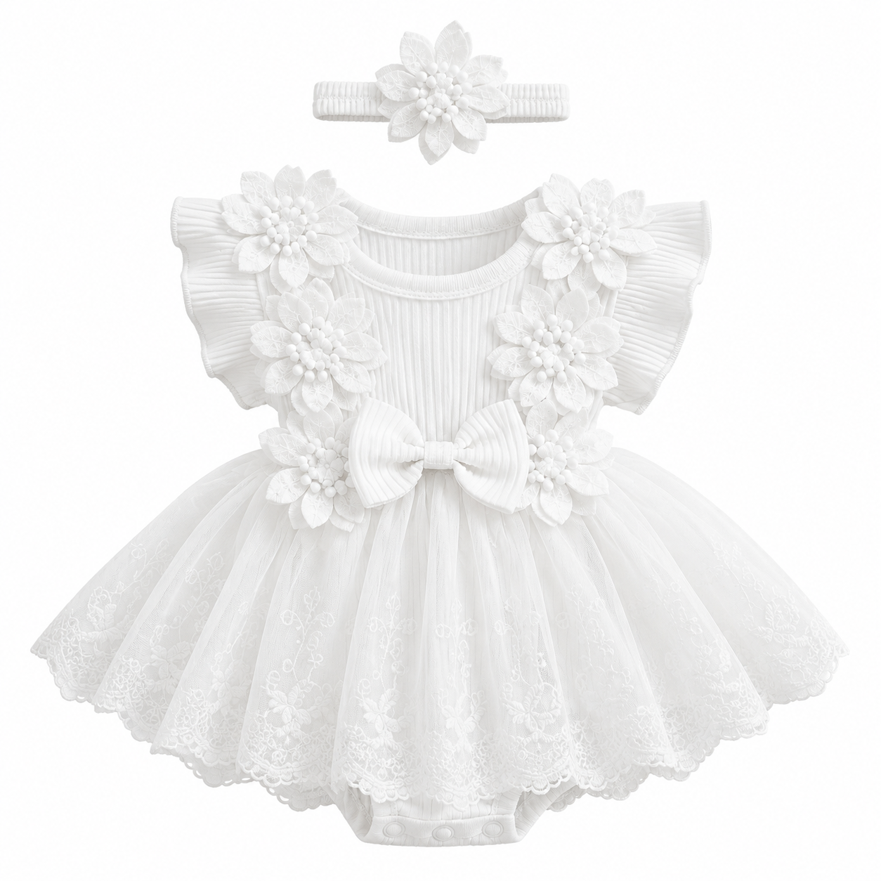 Floral Lace Baby Girl Dress Romper with Matching Flower Headband Hippo Boutique