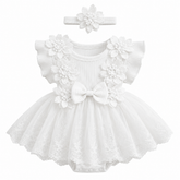 Floral Lace Baby Girl Dress Romper with Matching Flower Headband Hippo Boutique