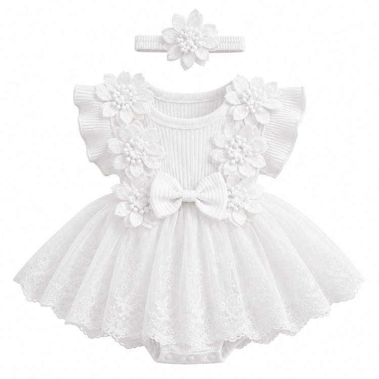 Floral Lace Baby Girl Dress Romper with Matching Flower Headband Hippo Boutique