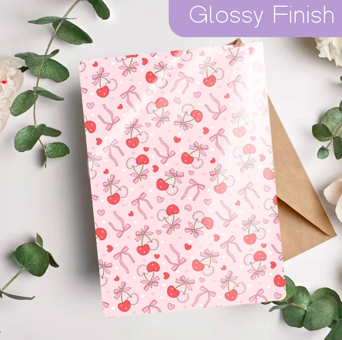 Glossy pink Kindle insert with cherries, bows, and floral pattern, handmade organic design. - Kindle Insert - Cherry & Bows