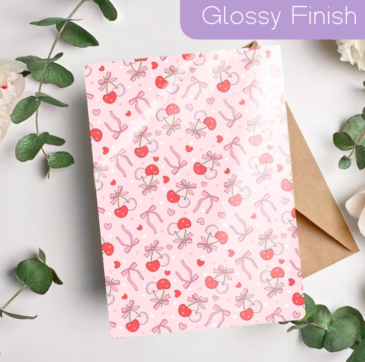 Glossy pink Kindle insert with cherries, bows, and floral pattern, handmade organic design. - Kindle Insert - Cherry & Bows