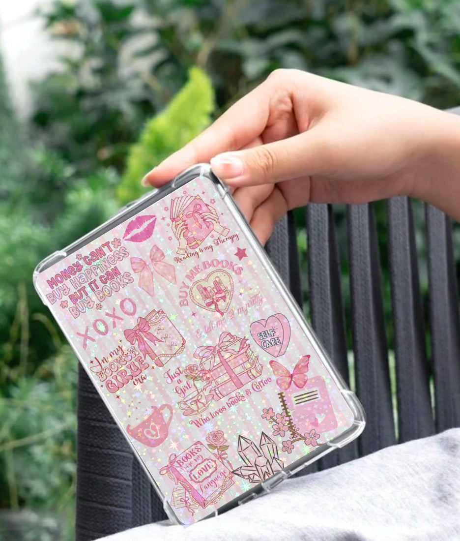 Pink Kindle insert with romantic-themed doodles and handwritten notes, glossy finish. - Kindle Insert - Pink Romance
