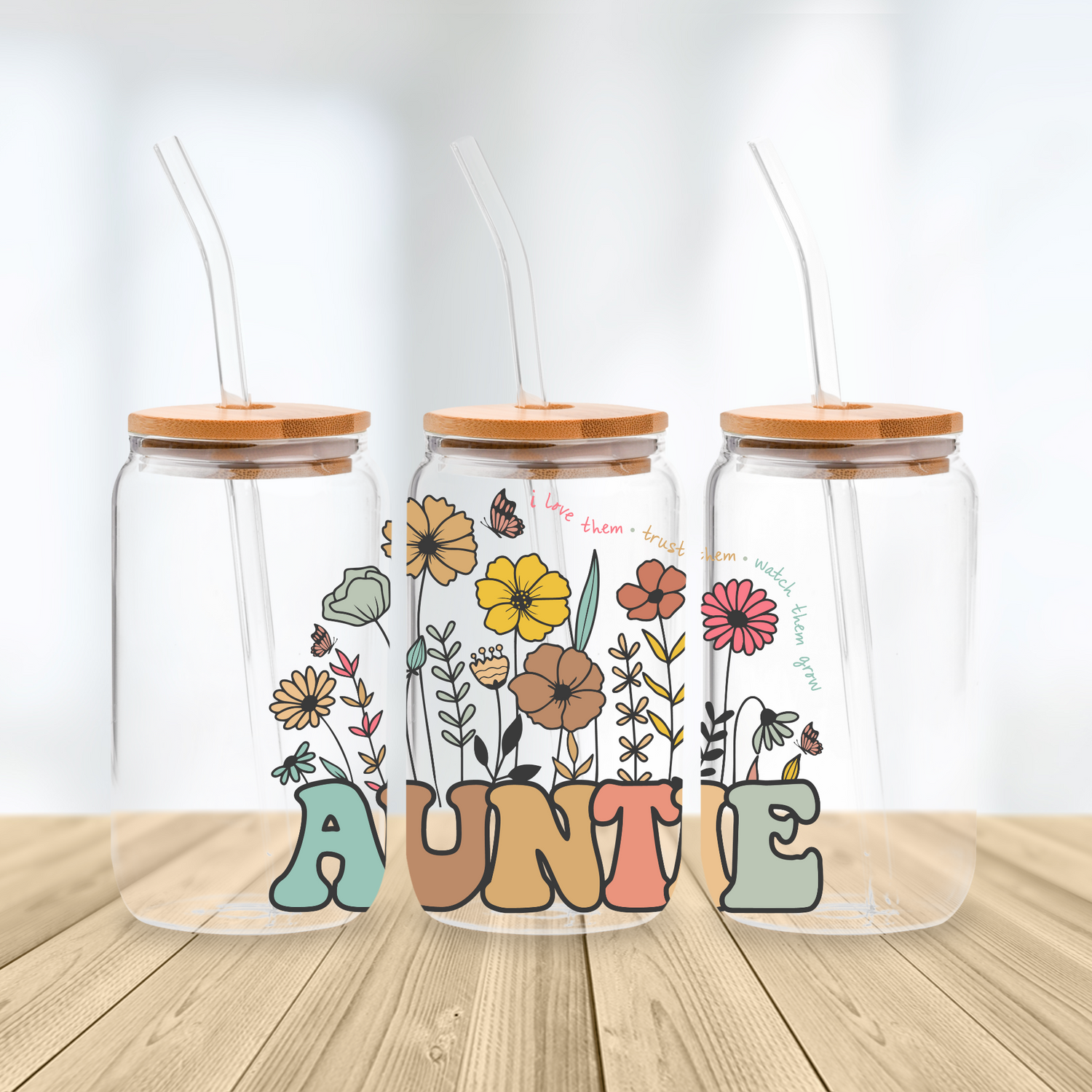 Floral Auntie Glass Tumbler Cups Hippo Boutique