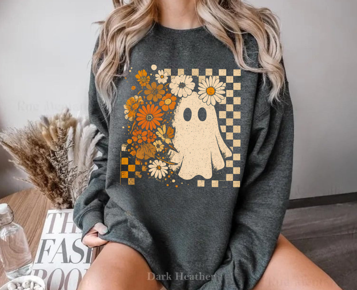 Women’s Halloween Sweatshirts & Hoodies - Checkered Floral Ghost Hippo Boutique