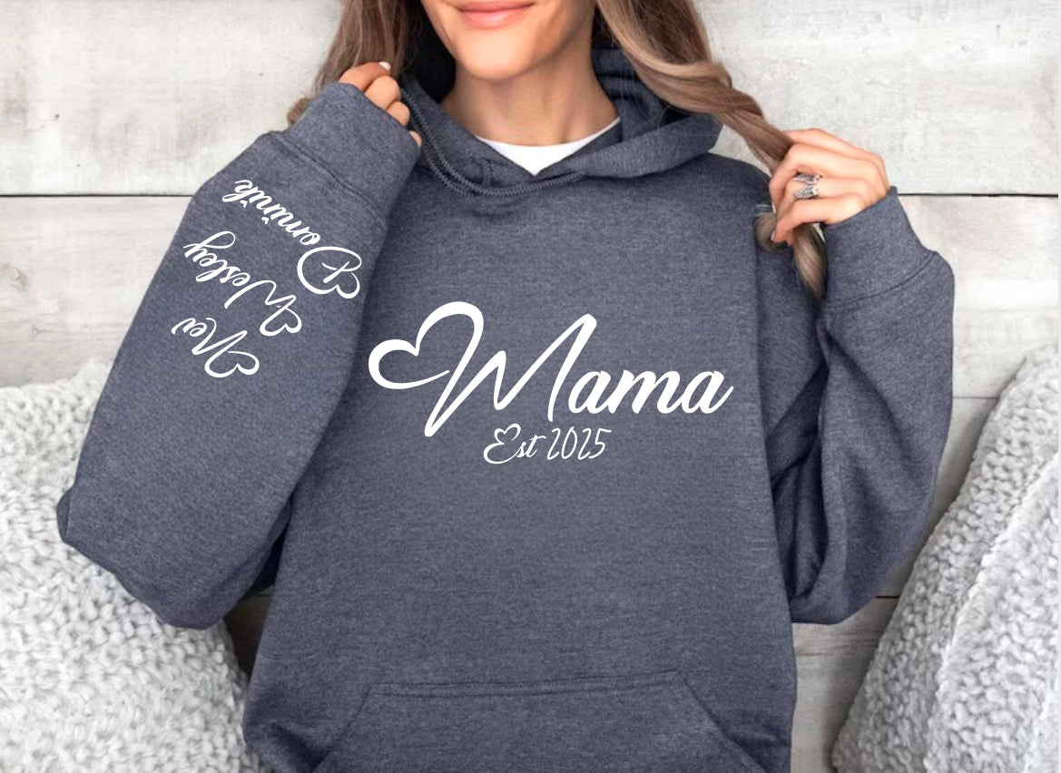 Custom Mama Hoodie with children’s name on sleeve Hippo Boutique