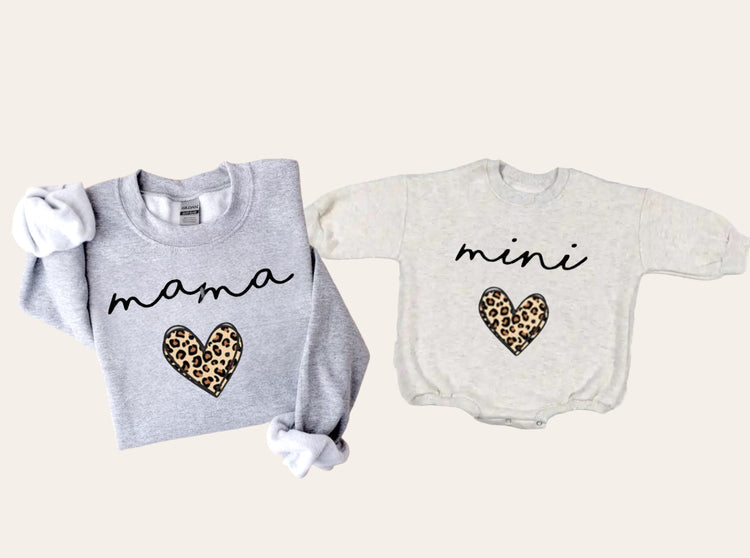 Leopard Heart Mama & Mini matching Baby Sweatshirt Romper bodysuit & Crewneck Hippo Boutique