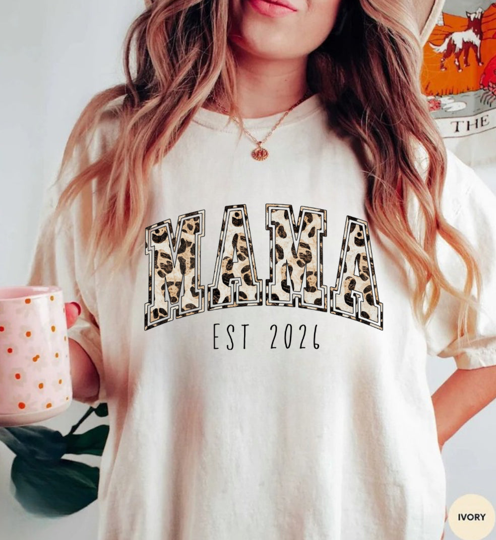 Leopard Print Mama with EST Date Women’s T-Shirt Hippo Boutique
