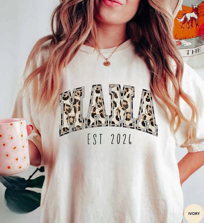 Leopard Print Mama with EST Date Women’s T-Shirt Hippo Boutique