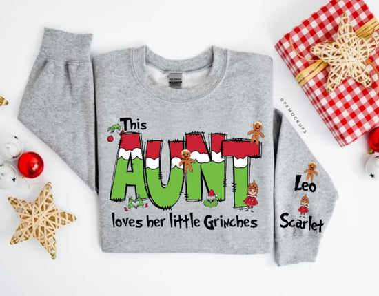 Custom Christmas Aunt Sweatshirt with children’s name on sleeve Hippo Boutique